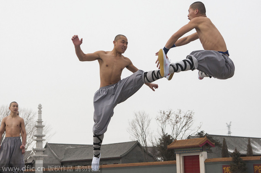 Buddhist monk breaks brick in kung fu