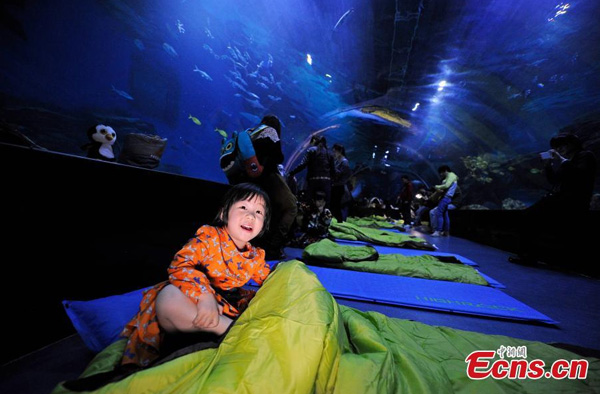 Sleep with fish at Tianjin aquarium