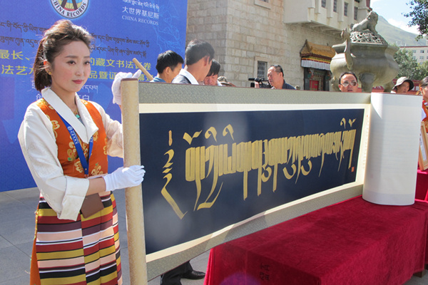 Huge calligraphy scroll goes on display at Tibet Museum