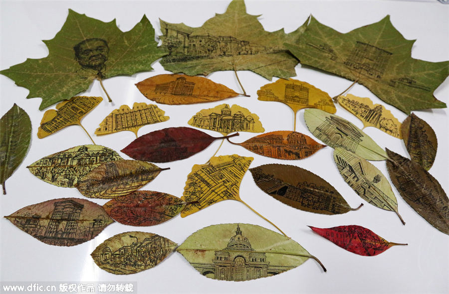 Creative paintings on leaves portray campus scenes