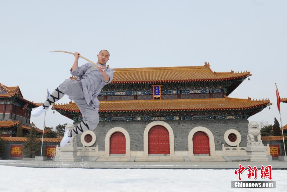 Monks practice Shaolin kung fu