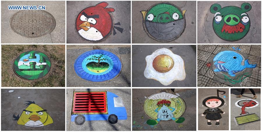 Cartoon figures painted on manhole covers in Shandong