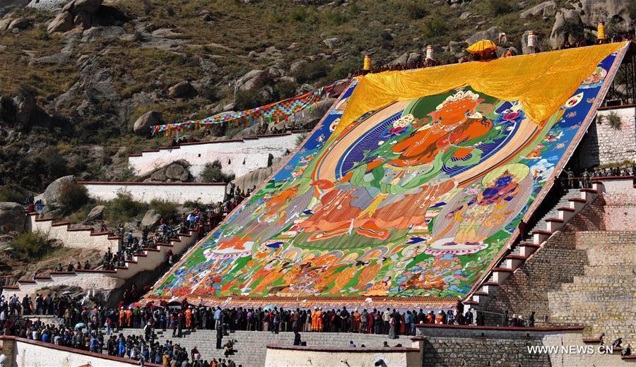 Thangka painting exhibited in Tibet to mark monastery's founding anniversary