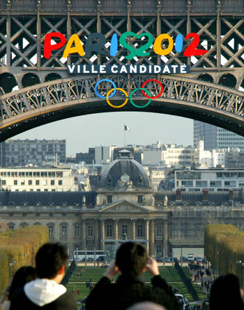 Eiffel Tower bearing the colourful logo of Paris 2012 