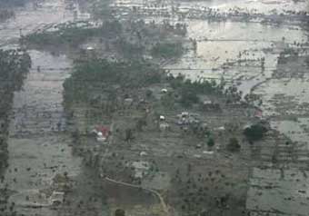 Flattend houses are seen from the air in the tsunami-struck city of Banda Aceh, Indonesia, December 31, 2004. Asia's tsunami death toll soared above 125,000 on December 31 as millions struggled to find food and clean water and persistent rumors of new giant waves sent many fleeing inland in panic. 