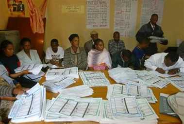 Election officials count ballot papers in the Ethiopian capital, Addis Ababa, after Sunday's third election in Ethiopia's 3,000-year history Monday, May 16, 2005.