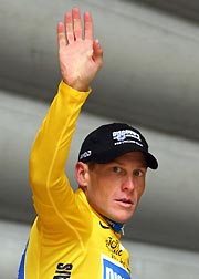 Discovery Channel team rider Lance Armstrong of the U.S. waves on the podium after the 199km ( 123 miles) sixth stage of the 92nd Tour de France cycling race between Troyes and Nancy, July 7, 2005.