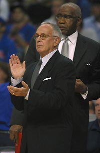 Larry Brown claps hands as the Miami Heat play a NBA playoff game against the Detroit pistons. [Reuters] new york knicks