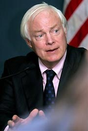 U.S. Congressman James Leach speaks during a press conference after his return from North Korea, at the US Embassy in Beijing, China Saturday Sept. 3, 2005. 