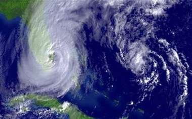 NOAA satellite image of Hurricane Wilma and Tropical Depression Alpha (R) taken at 9:45 a.m. EDT on October 24, 2005. 