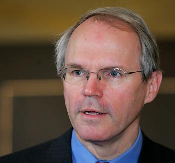 Chief U.S. negotiator Christopher Hill speaks to journalists before attending six-party nuclear talks in Beijing November 10, 2005. New talks to end North Korea's nuclear programme appear to have made modest progress but, going into their second day on Thursday, Washington and Pyongyang remained at odds over the timing and order of denuclearisation.