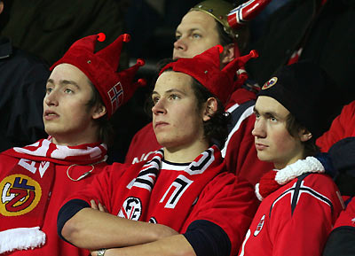 Norwegian fans react after the World Cup 2006 second leg play-off match against Czech Republic at the Toyota Arena in Prague November 16, 2005. 