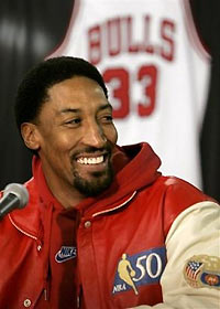 Former Chicago Bulls star Scottie Pippen speaks during a press conference before the start of the Bulls game against the Dallas Mavericks Monday, Dec. 5, 2005 in Chicago.