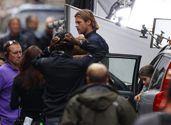 Pitt appears during the filming of 'World War Z' in Glasgow