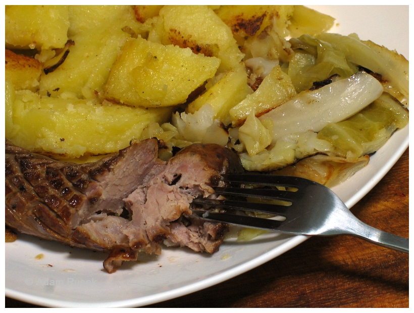 Fried Polish sausage with steamed potatoes and cabbage