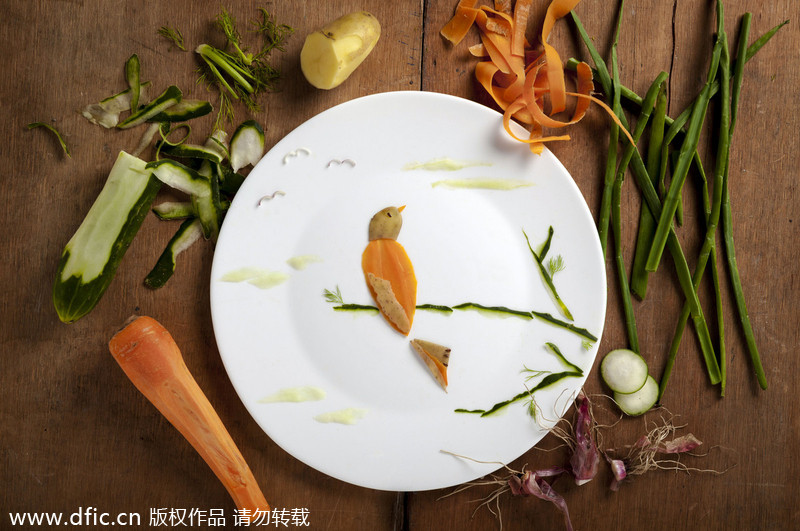 Bird illustrations made out of food