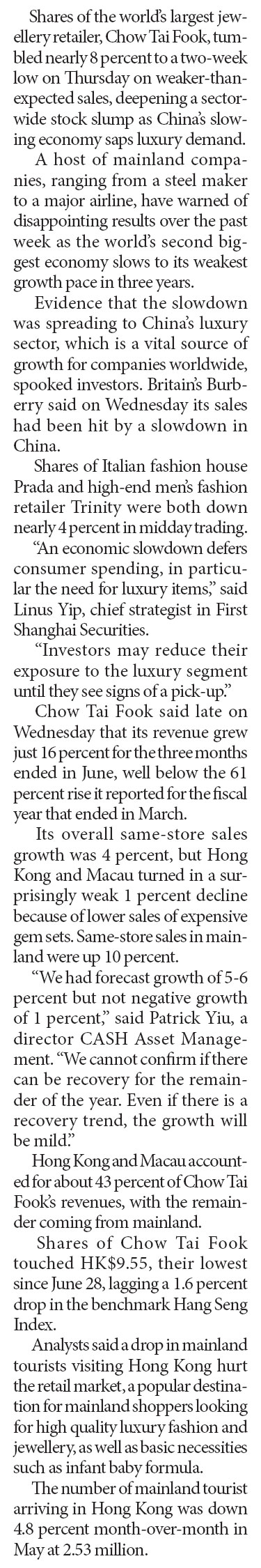 Mainland's slowdown cools luxury products sale