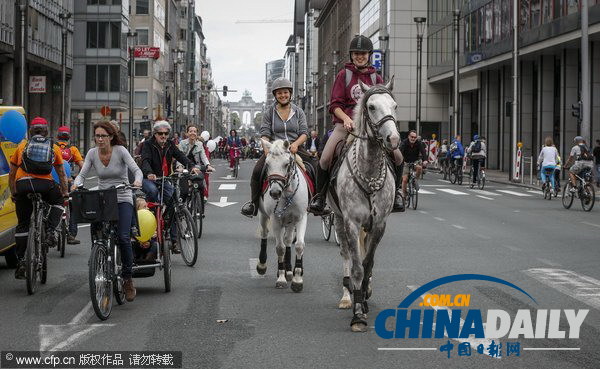 比利時(shí)舉辦“無車日”活動(dòng) 國(guó)王攜家人騎車上街