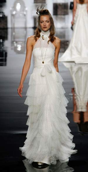 A model presents a creation from the Jesus Peiro collection at the Barcelona Bridal Week fashion show May 30, 2007.