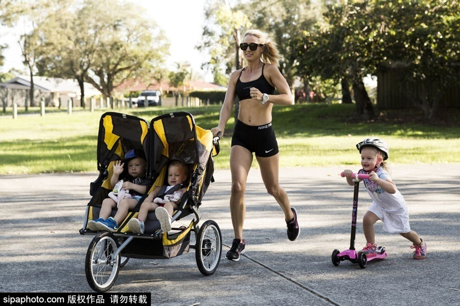 Super fit mother works out with her three children