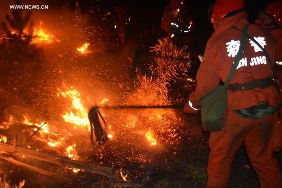 Firefighters try to cease forest fire in North China