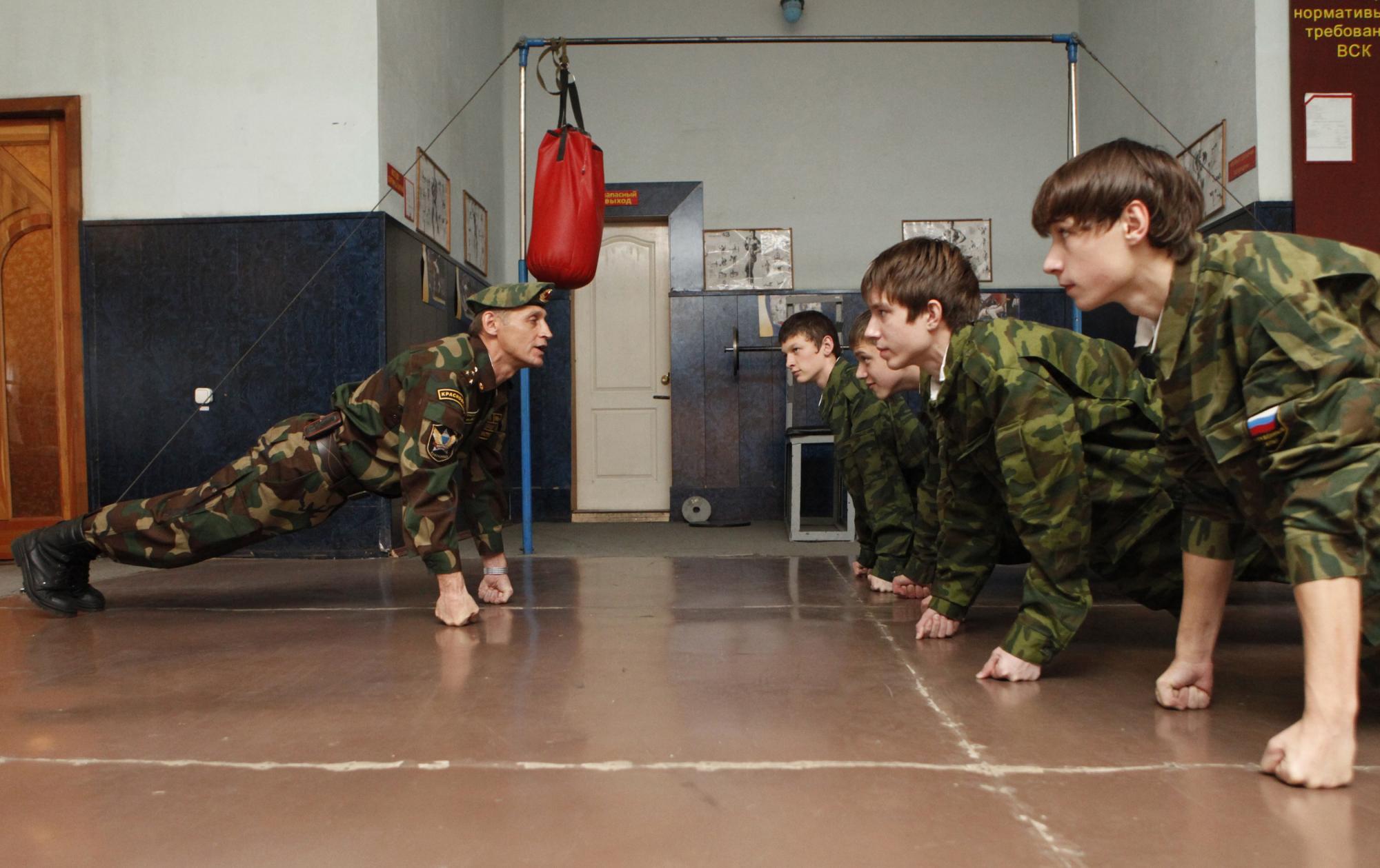 Russian boys at 24-hour millitary training session