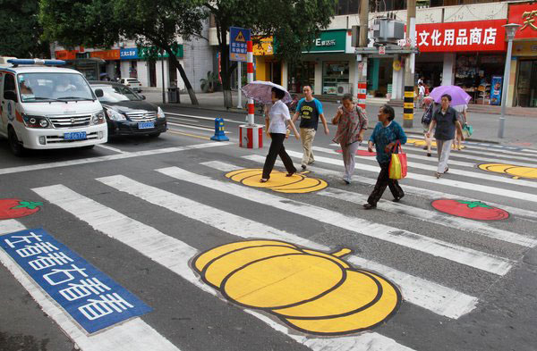 Bright colors help students cross safely