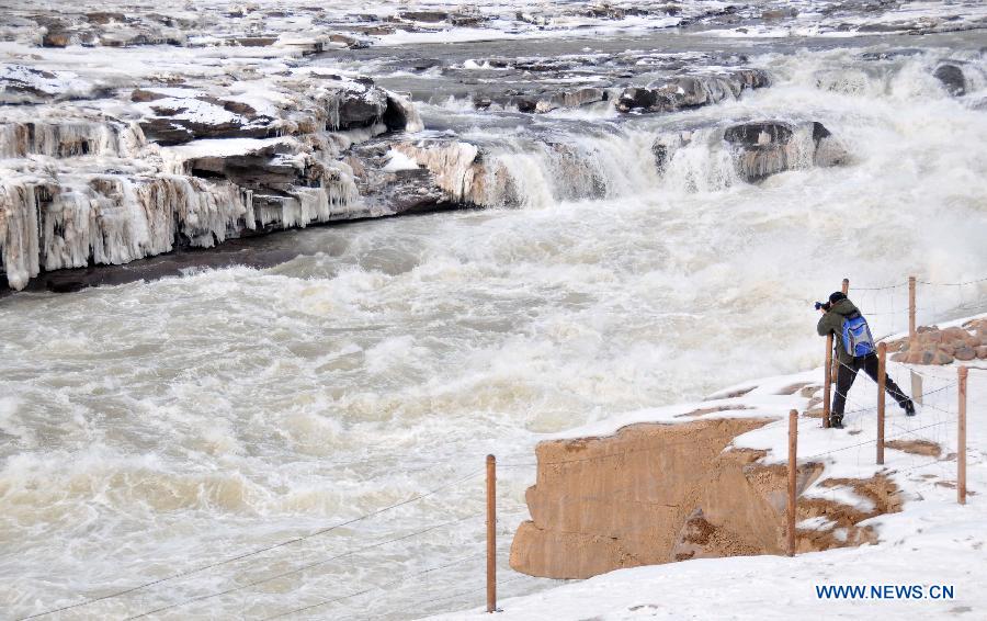 Winter scenery of Hukou Waterfall in N China