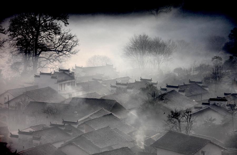 Scenery of Wuyuan at dawn after rainfall