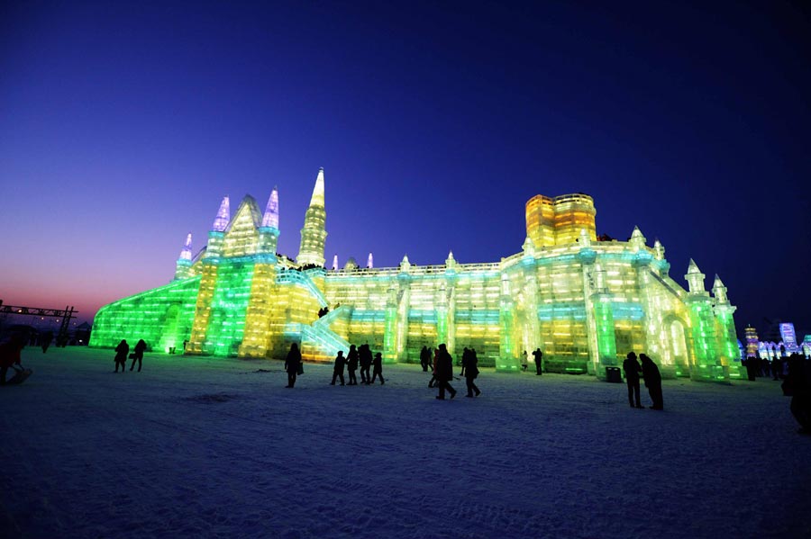 Night view of Ice and Snow World in China's Harbin