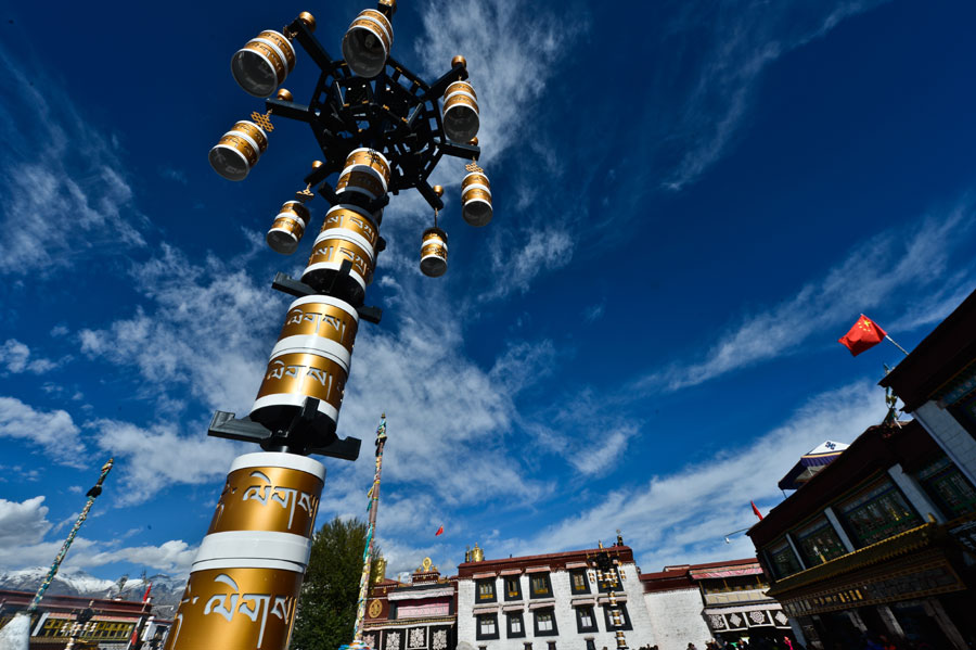 Magnificent golden top of Jokhang Temple maintained in Lhasa