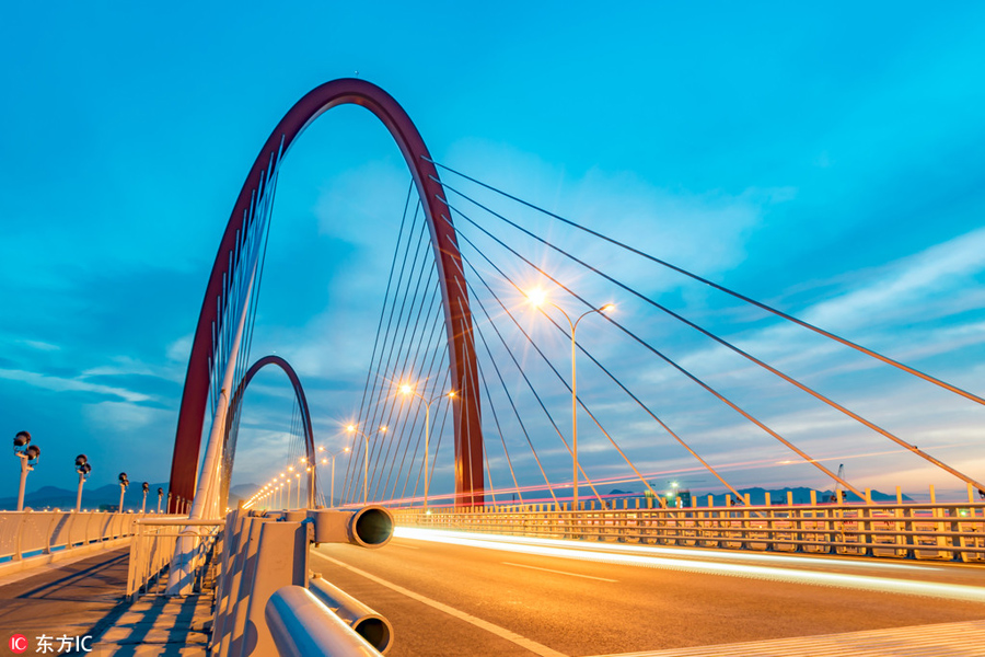 Overpass bridges in Hangzhou light up at night