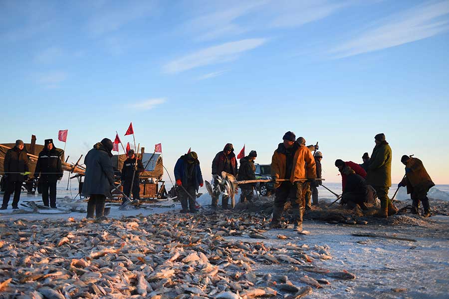 Winter fishing in ice-covered Hulun Lake in Inner Mongolia