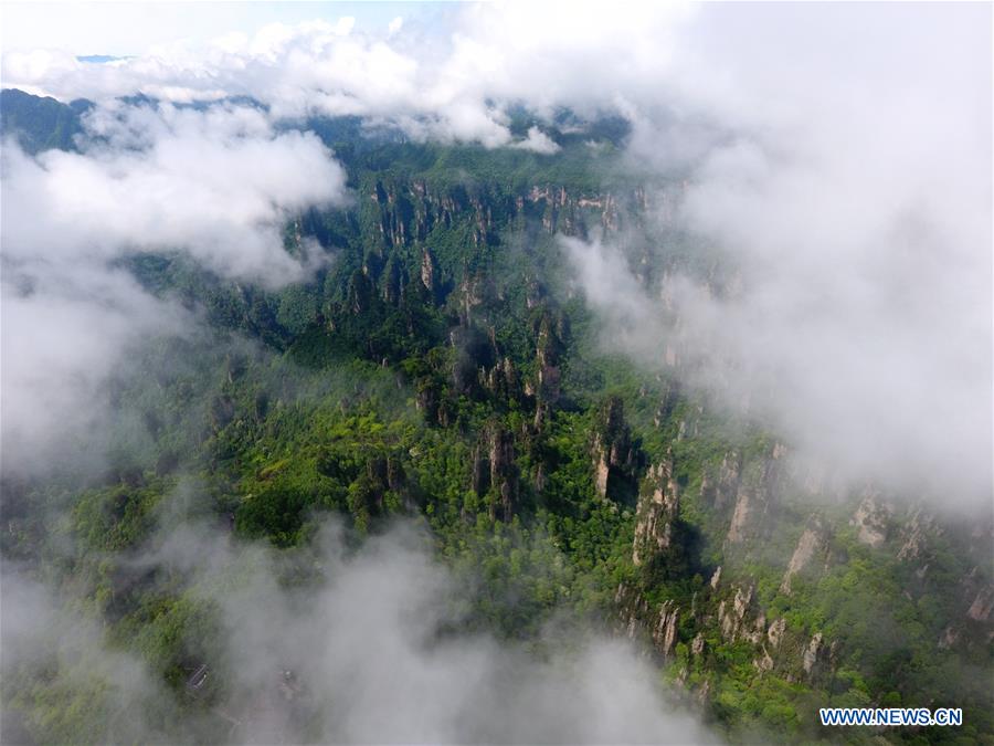 Aerial view of Tianmenshan scenic area in C China's Zhangjiajie