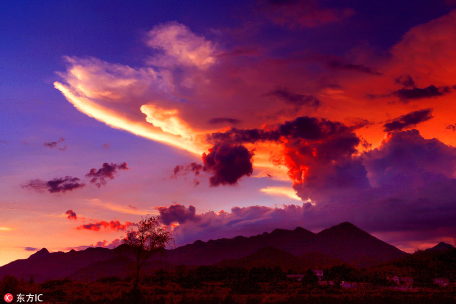 Beautiful Zhejiang village under colorful sunset glow