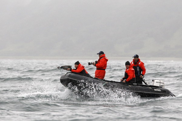 Russia's Putin braves rough seas to study whales