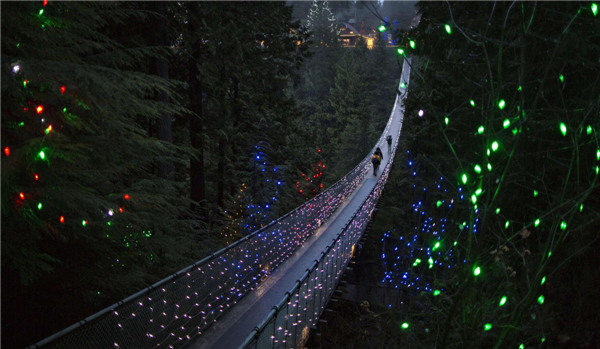 Suspension Bridge decorated in Christmas lights