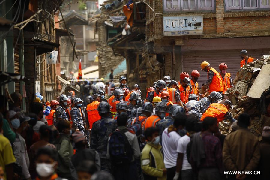 Chinese rescuers work on outskirts of Kathmandu, Nepal