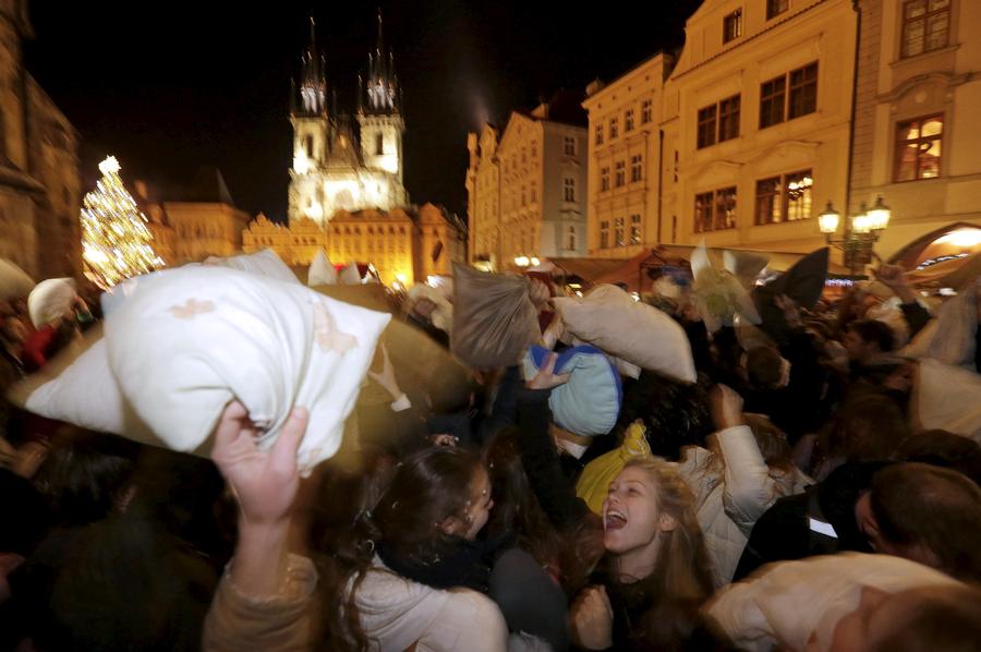 Feathers fly with pillow fight in Prague