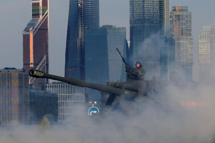 Russian soldiers, armor and aircraft rehearse for Victory Day parade