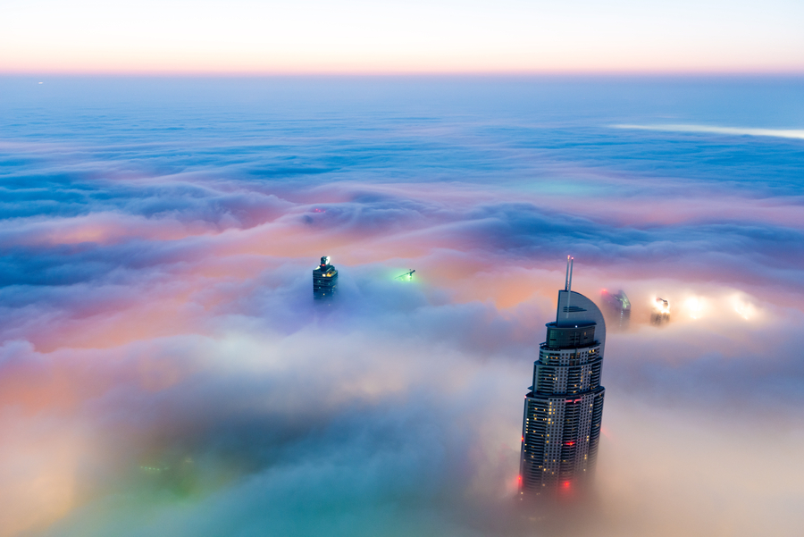 Skyscrapers soar above the clouds in Dubai